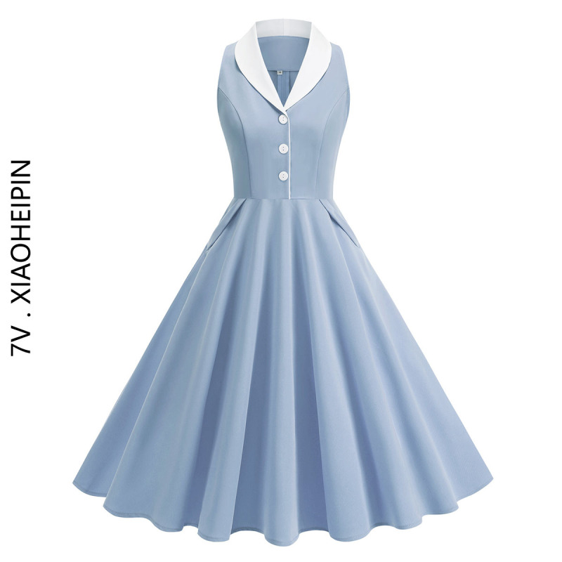 Pure and Fresh, Elegant Sleeveless Dress with a Cinched Waist and a Large Hem, Solid Color, Turn-Down Collar, Vintage Style, High-End Feel, Summer Blue Dress Pure and Fresh, Elegant Sleeveless Dress with a Cinched Waist and a Large Hem, Solid Color, Turn-Down Collar, Vintage Style, High-End Feel, Summer Blue Dress