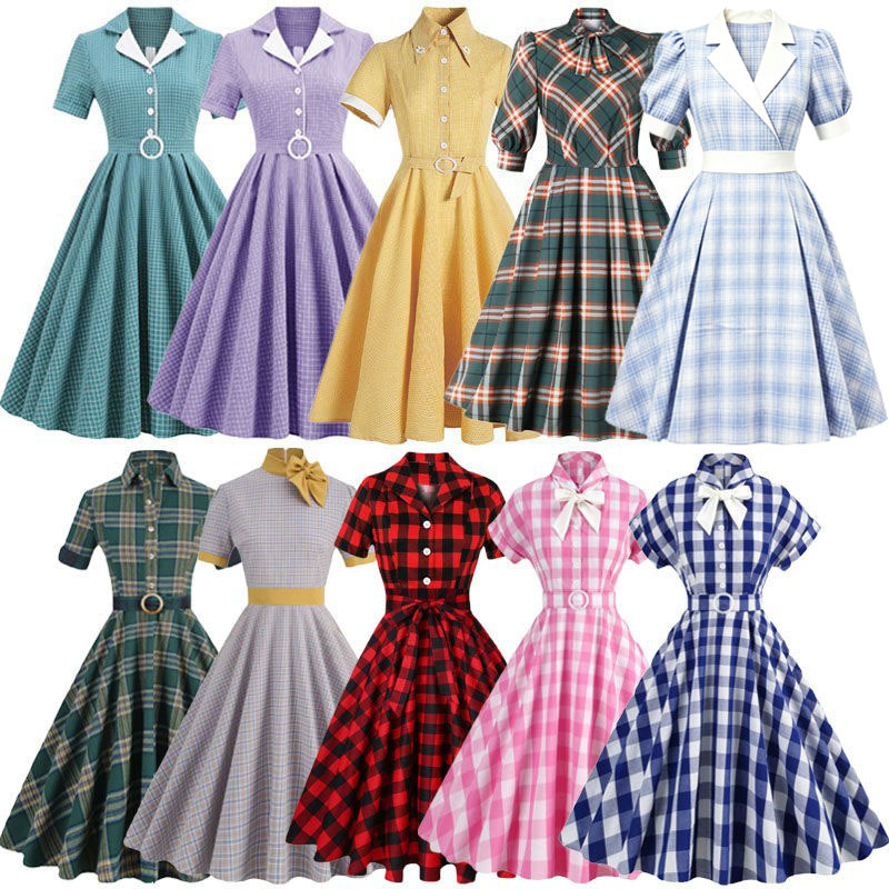Retro Hong Kong Style 60S-Era Plaid Dress with a Large Hem, Mid-Length Skirt That Accentuates the Waist and Makes You Look Slimmer in Summer