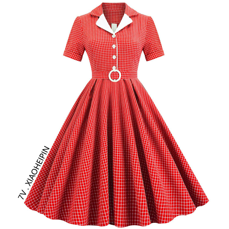 French Retro Hong Kong Style Nostalgic 1980S Style Short-Sleeved Plaid Dress with Waist and Large Hem, Dance-Style Mid-Length Skirt