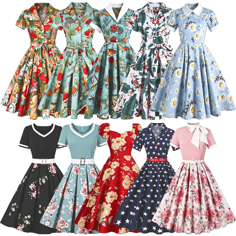 Retro Hepburn Hong Kong Style Printed Dress, Summer Mid-Length Dress with Waist and Wide Hem, Sweet Plus-Size Age-Reducing Long Dress Retro Hepburn Hong Kong Style Printed Dress, Summer Mid-Length Dress with Waist and Wide Hem, Sweet Plus-Size Age-Reducing Long Dress