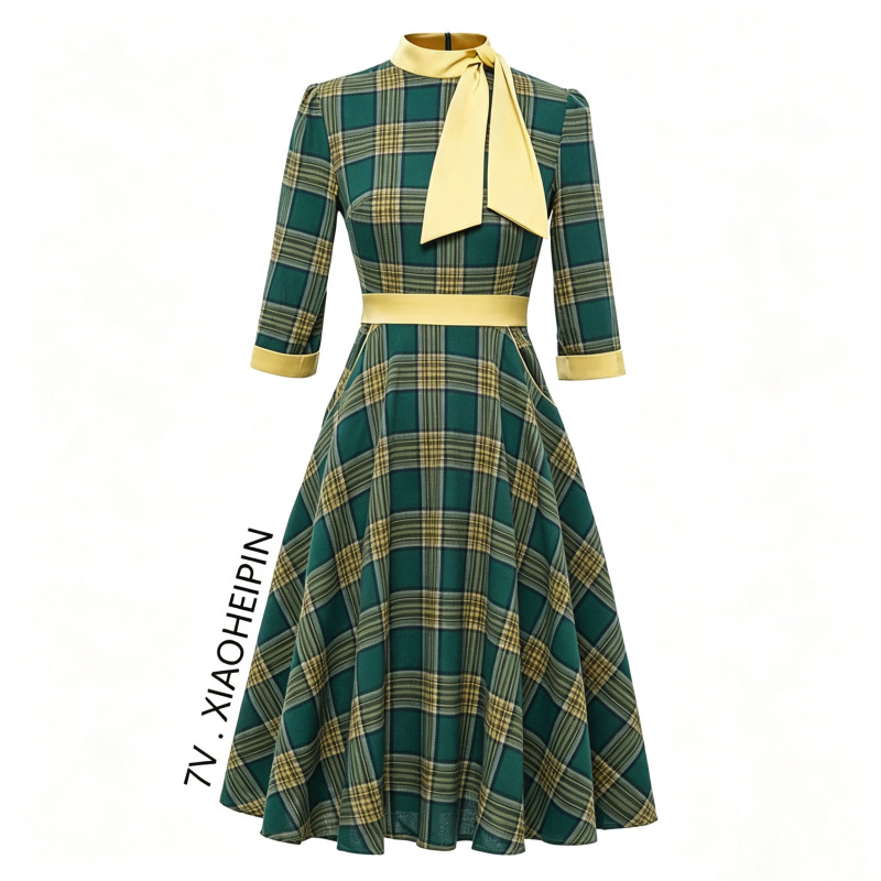 European and American Hepburn Style Slimming 80S Retro Hong Kong Style British Lapel Waist-Cinching Flared Plaid Dress for Autumn European and American Hepburn Style Slimming 80S Retro Hong Kong Style British Lapel Waist-Cinching Flared Plaid Dress for Autumn