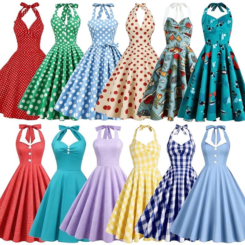 Vintage-Style Halter Neck Polka Dot Dress with Backless Waist-Cinching Straps and Printed Holiday Mid-Length Skirt for Summer Performance
