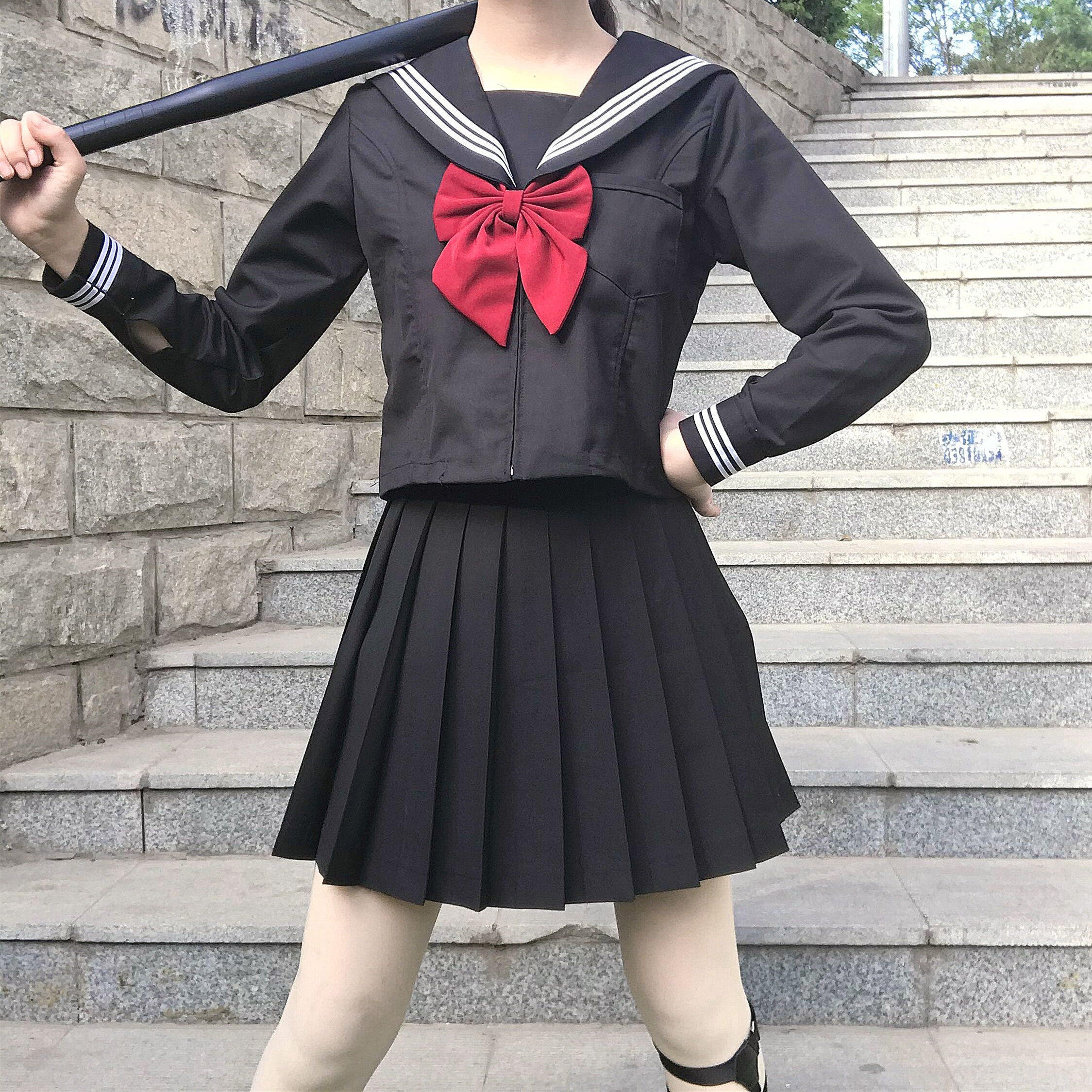 Black Triple Ben Jk Uniform Skirt of the Genuine Middle Suit Base For Dark Black Teenage Girl White Three Bento Sailor Suit Suit