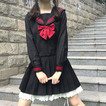 Japanese orthodox jk uniform basic pure black red red three long-sleeved sailor suit Middle pleated bad dress