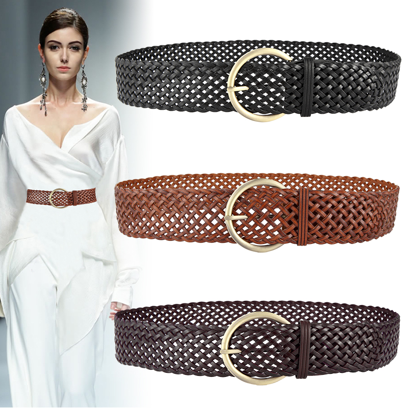 Weaving leather belt ladies simple all-match leather belt fashion dress son coat decorative Korean version wide waist seal