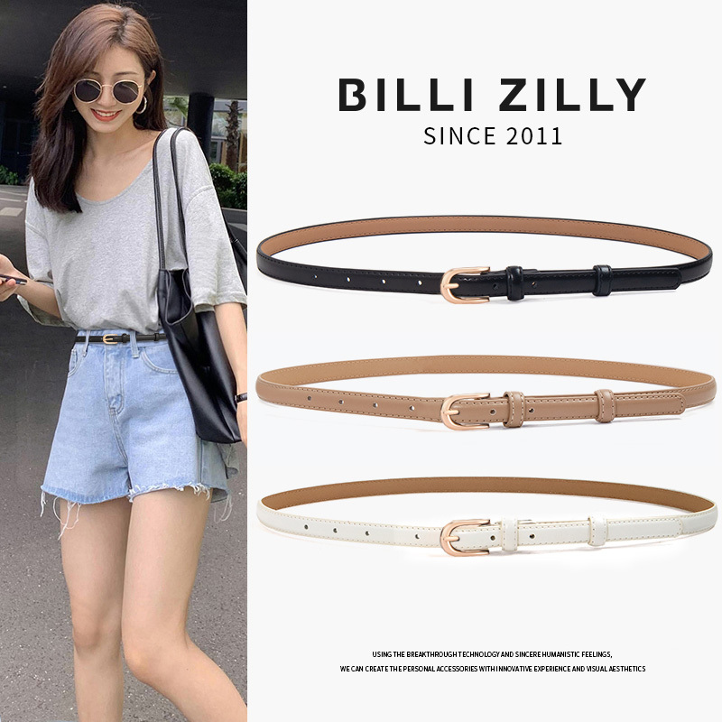 Women's Belt 2026 New Versatile Decorative Genuine Leather Thin Belt Black Accessory for Jeans, Coats, and Sweaters