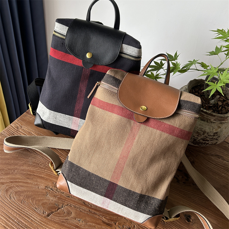 Xiaoyu's Jute and Linen Plaid Zipper Backpack for Women, Large Capacity, Commuter Style, High-End, Niche Designer