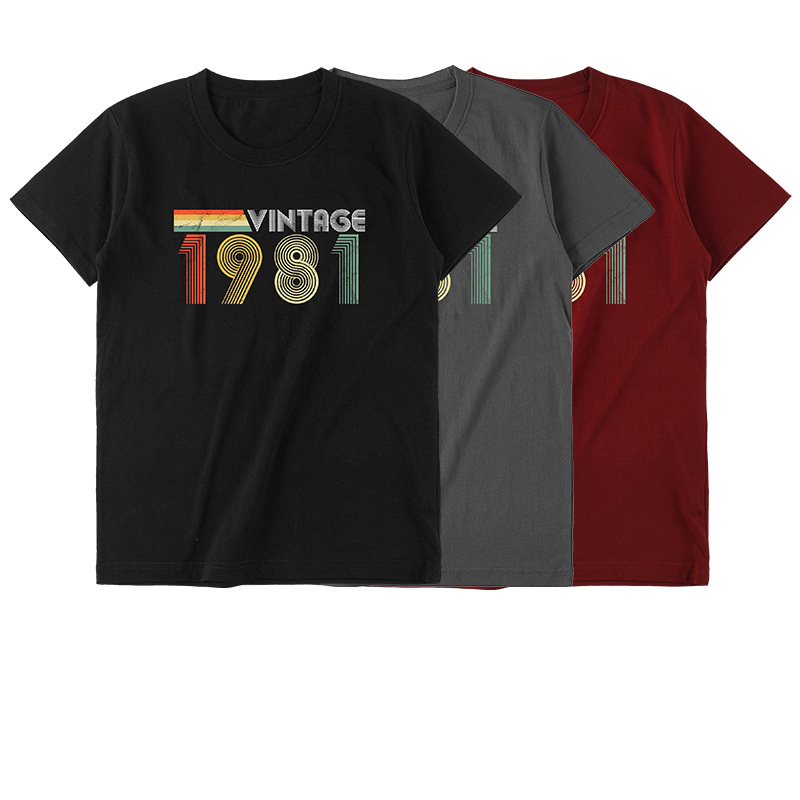1981 Short-Sleeved T-Shirt American Retro Broken Letter and Number Print Unisex Casual Eighties Vintage 1981 Short-Sleeved T-Shirt American Retro Broken Letter and Number Print Unisex Casual Eighties Vintage