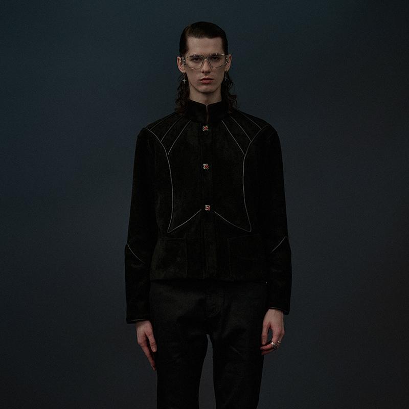 Tenxten Armor Structure Ruby-Decorated Suede Jacket