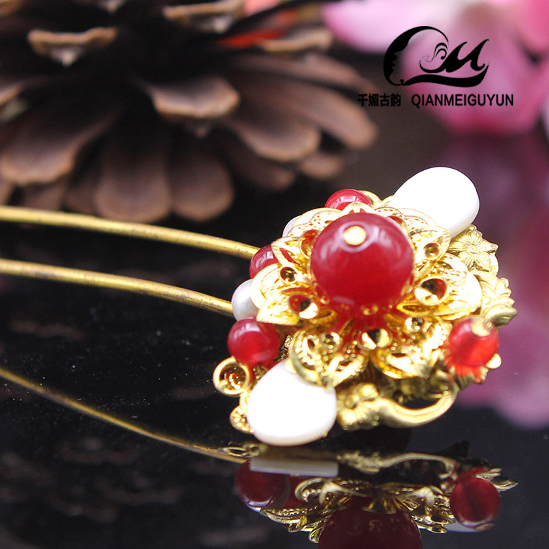 New Ancient Fashion Head Accessories Hairpin Photo Gallery Writing Real Performance Ancient Styling Ornaments Inlaid Pearl Petals Hairpins