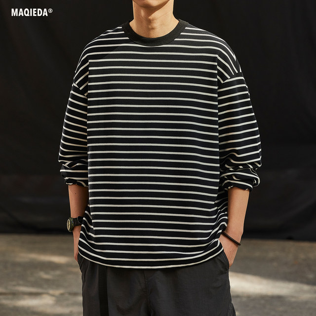 Macheda loose casual striped T-shirt round neck men's spring trend Japanese retro long-sleeved couple's bottoming shirt