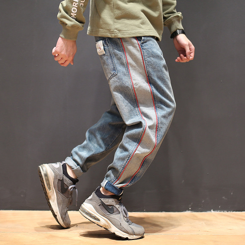 马切达日系复古简约拼接水洗牛仔裤青年男士潮流宽松低档垮裤子