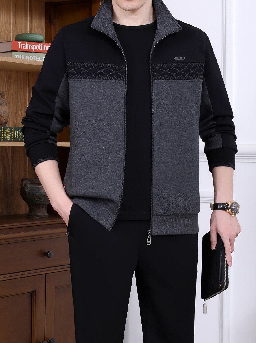 WOODPECKER HIGH-END CASUAL SPORTSWEAR MENS MIDDLE-AGED AND ELDERLY SPRING AND AUTUMN DAD WEAR PLUS-SIZE SWEATSHIRT JACKET TWO-PIECE SET