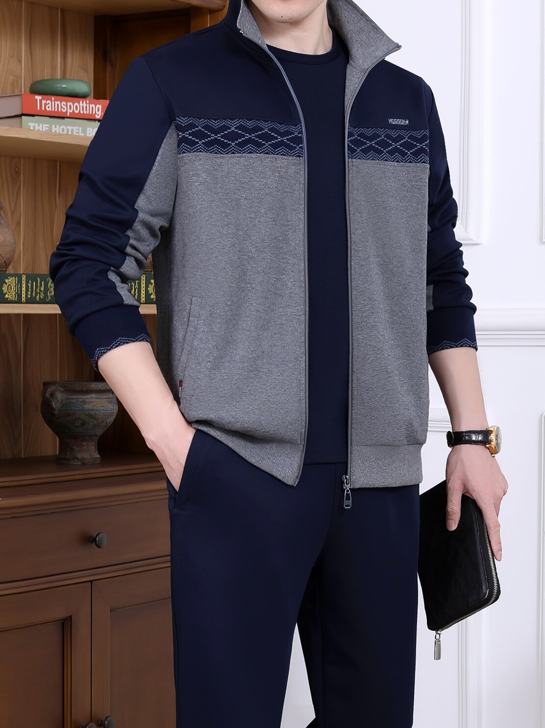 WOODPECKER HIGH-END CASUAL SPORTSWEAR MENS MIDDLE-AGED AND ELDERLY SPRING AND AUTUMN DAD WEAR PLUS-SIZE SWEATSHIRT JACKET TWO-PIECE SET