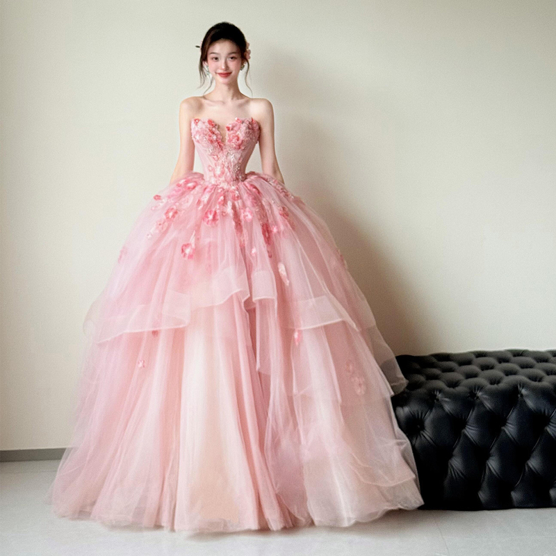 Strapless Toast Dress, High-End Pink Bridal Engagement Wedding Dress, Light Luxury Girl's Birthday Coming-Of-Age Ceremony Princess Dress
