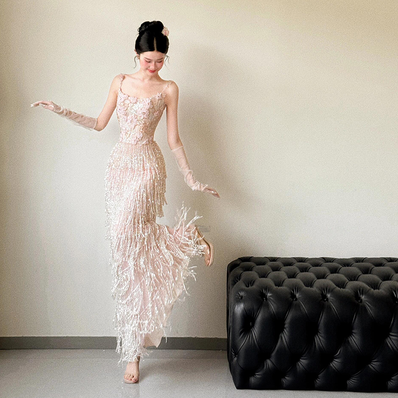 Strappy Toast Dress with a High-End Feel, Tassel Bridal Engagement Wedding Dress, High-End Light Luxury Banquet Host Evening Gown Strappy Toast Dress with a High-End Feel, Tassel Bridal Engagement Wedding Dress, High-End Light Luxury Banquet Host Evening Gown