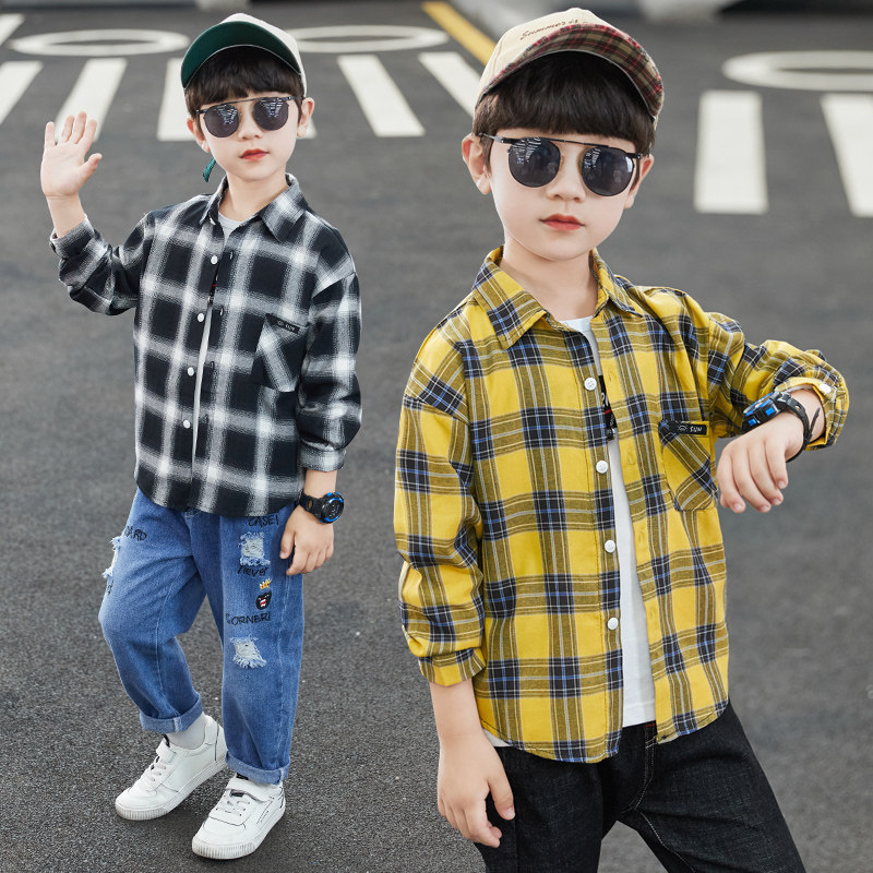 Boy long sleeve shirt 2023 new children plaid shirt boy spring and autumn cash pure cotton blouse damp autumn clothing 