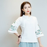 Этническая рубашка, этнический стиль, из хлопка и льна, с вышивкой, китайский стиль