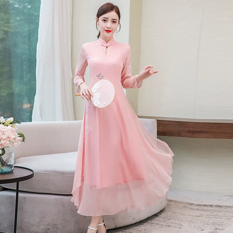 Áo dài cải tiến Phong cách Trung Quốc phụ nữ mới cổ điển nghệ thuật trang phục vẽ tay Thiền trà váy sườn xám - Sản phẩm HOT