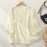 Ретро футболка, цветочный принт, из хлопка и льна, свободный крой, изысканный стиль, коллекция 2023