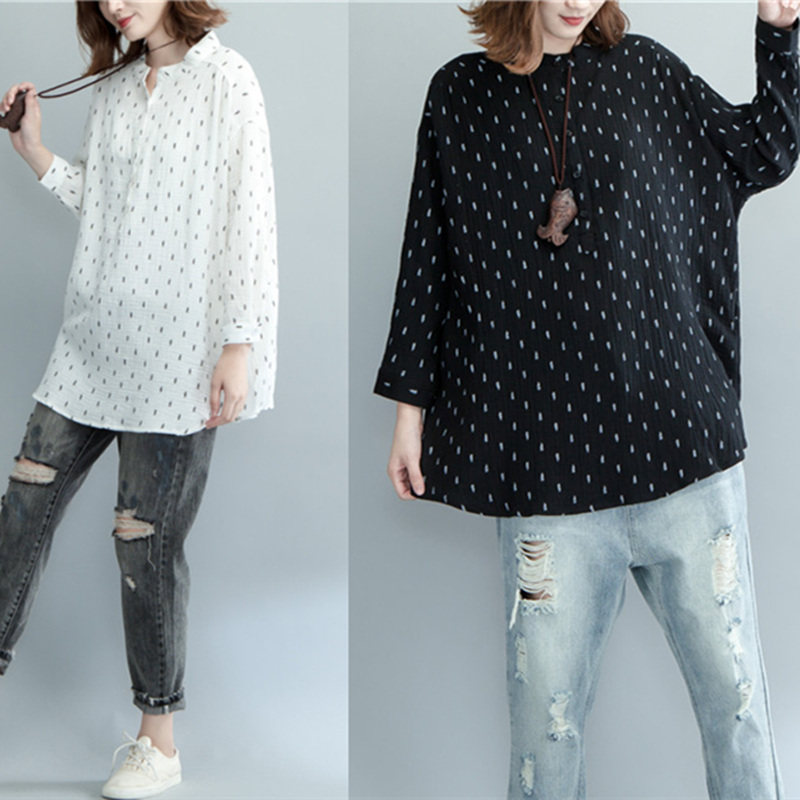 实拍2017秋款文艺大码女装宽松胖妹妹 休闲波点亚麻衬衫