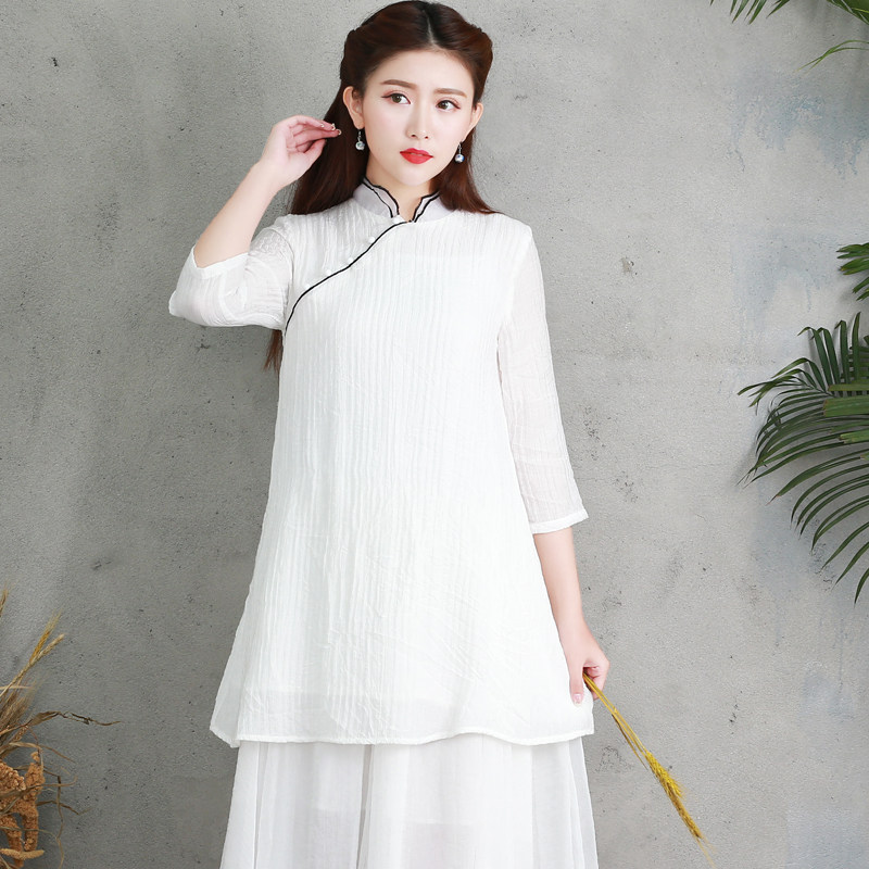 实拍 新款中国风夏装七分袖茶人服棉麻修禅服中式唐装上衣女装