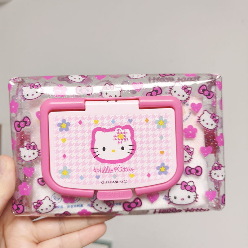 In-Stock Japanese Handmade Rose Red Houndstooth Cat Pvc Double-Sided Wet Wipe Storage Bag Cute Portable Tissue Bag with Glitter