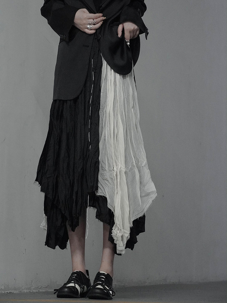 Yohji Yohji of Diablo Yamamoto Minority Design cdg Minimalist Contrast Color Irregularly Pressed Pleated Open Line Skirt