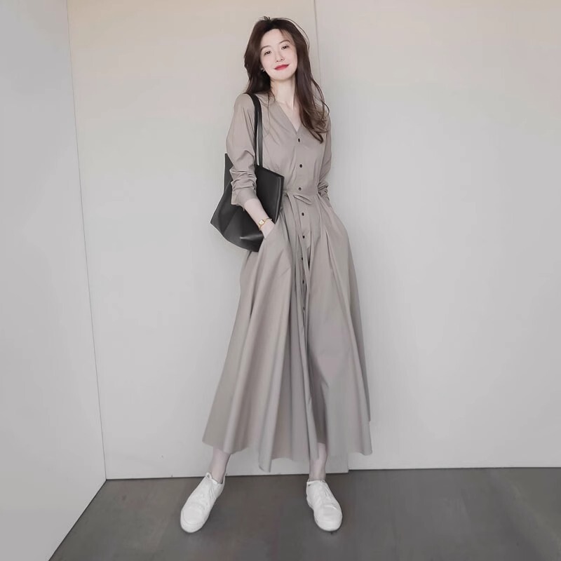 European Style Spring Women's Clothing 2026 New Minimalist High-End Elegant Long Dress Gray Long-Sleeve Dress