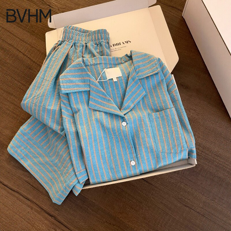 Victorian Style Striped Pajamas for Women, Summer 2026 New High-End Korean Style Short-Sleeved Long Pants Loungewear Set Victorian Style Striped Pajamas for Women, Summer 2026 New High-End Korean Style Short-Sleeved Long Pants Loungewear Set