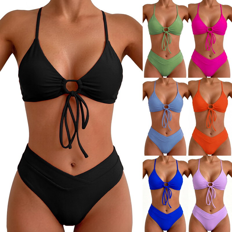 2026 New European and American Foreign Trade Amazon Bikini Solid Color Tie-Up Sexy Bikini Two-Piece Swimsuit for Women