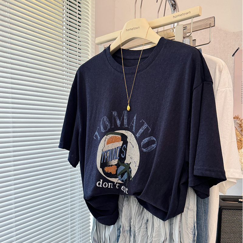 European and American Retro Trendy Printed Loose Large Version Drapey Snowflake Cotton Short-Sleeved T-Shirt for Women, Cool White and Blue T-Shirt European and American Retro Trendy Printed Loose Large Version Drapey Snowflake Cotton Short-Sleeved T-Shirt for Women, Cool White and Blue T-Shirt
