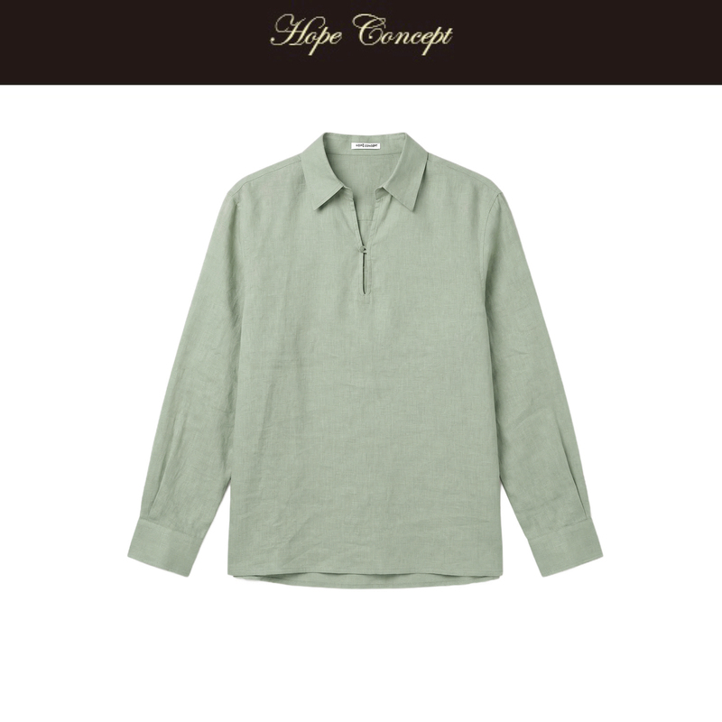 Hopeconept Lime Green Summer 100% Natural Hemp Relaxed Half-Open Collar Shirt Ss06213