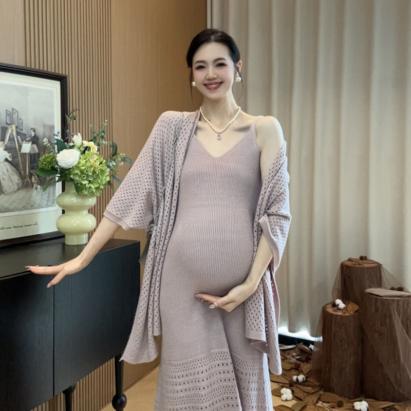 Zoey Maternity Wear [Autumn Beauty] Early Autumn New Style Cut Out Mid-Length Suspender Dress with Shawl Set