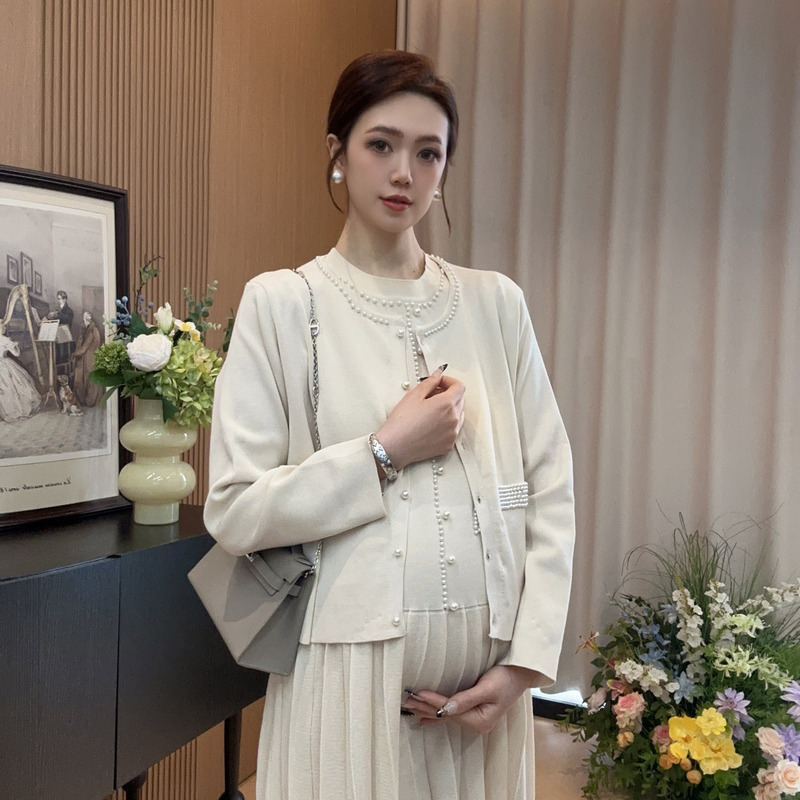 Zoey Maternity Wear [Soulmate] Spring/Summer Cool Elastic Curly Beaded Chic Style Dress and Cardigan Set