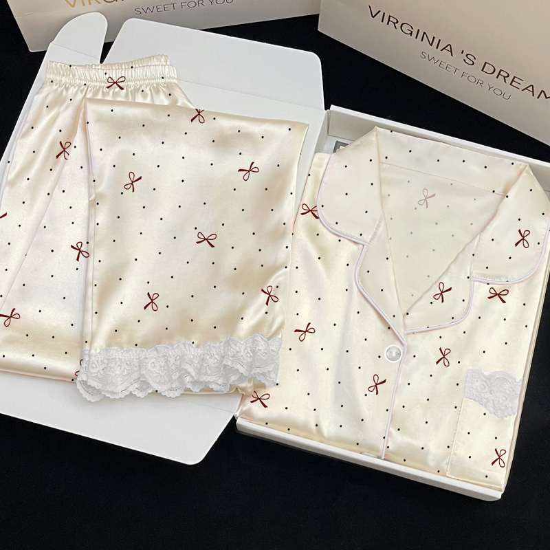 Korean Style High-Quality Lace-Trimmed Ice Silk Pajamas for Women, Spring and Autumn Polka Dot Bow Short-Sleeved Long Pants Loungewear Set