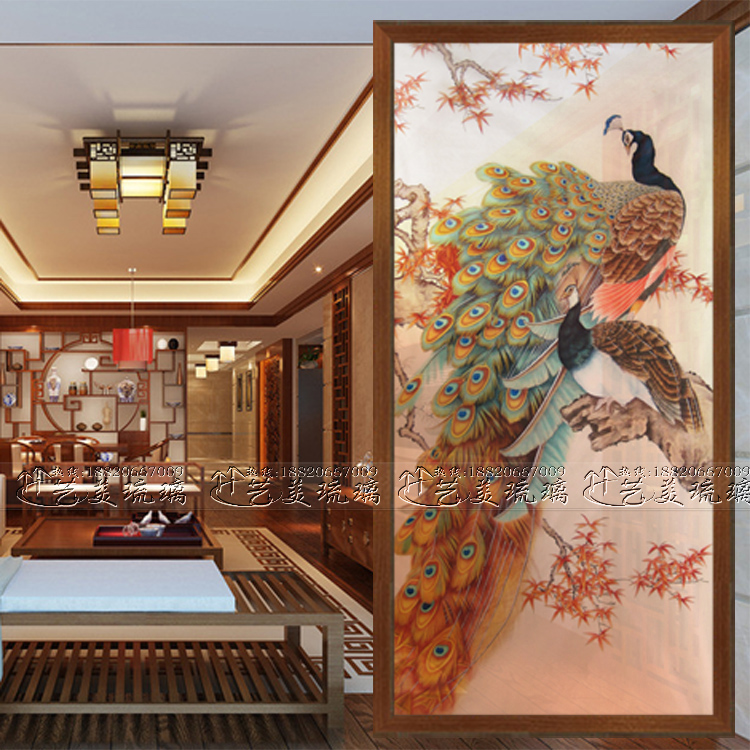 New screen partition masonry engraved art glass jade flower background wall wall shoe cabinet moving door peacock
