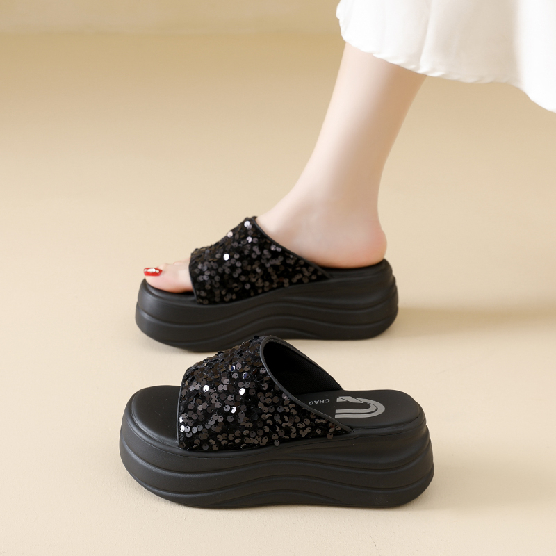 Thick-Soled Sequin Slide Sandals for Women, Summer Outdoor Wear, Paired with Dresses, 2026 New Style, Height-Increasing Platform Sandals for Petite Individuals, Beach Sandals