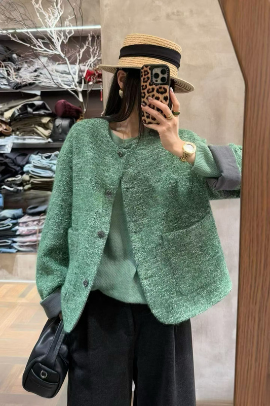 Emerald Green Chanel-Style Wool Coat for Women, Round Neck, Single-Breasted, Loose-Fitting, Multicolor Floral Yarn, Autumn and Winter Elegant Short Jacket