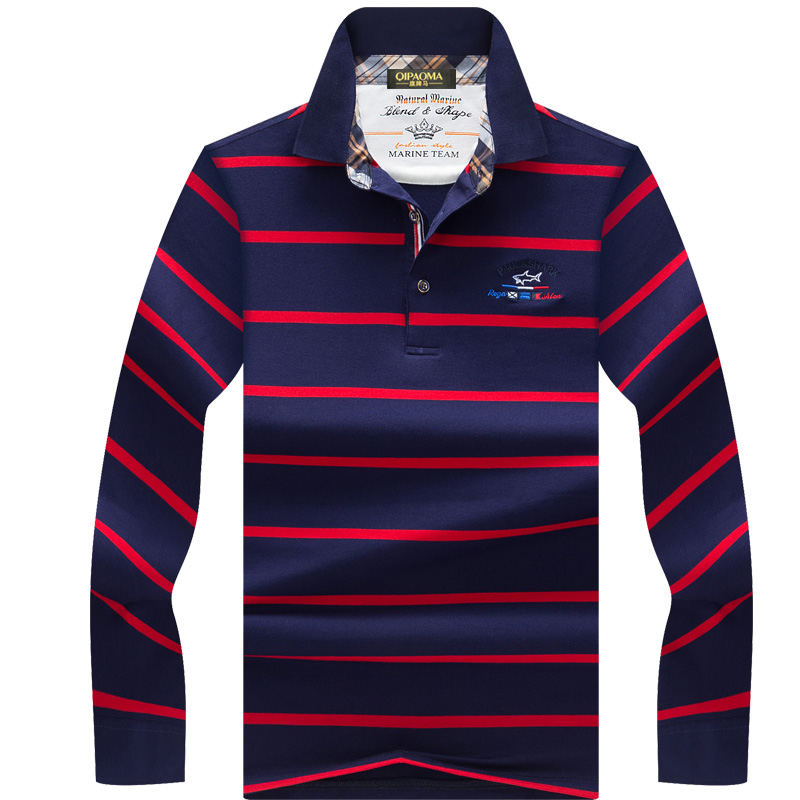 Áo cotton nam POLO áo thun dài tay nam ve áo trung niên kinh doanh giản dị cỡ lớn sọc bố từ bi miễn phí áo poloman