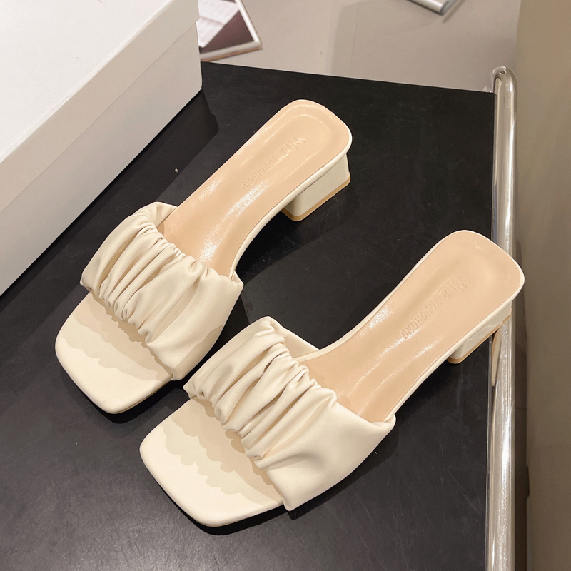 Genuine Leather Large Size Sandals for Women, Summer Outdoor Wear, 2026 New Fairy Style, Chunky Heel, Fashionable Square Toe, Mid-Heel Slip-On Sandals