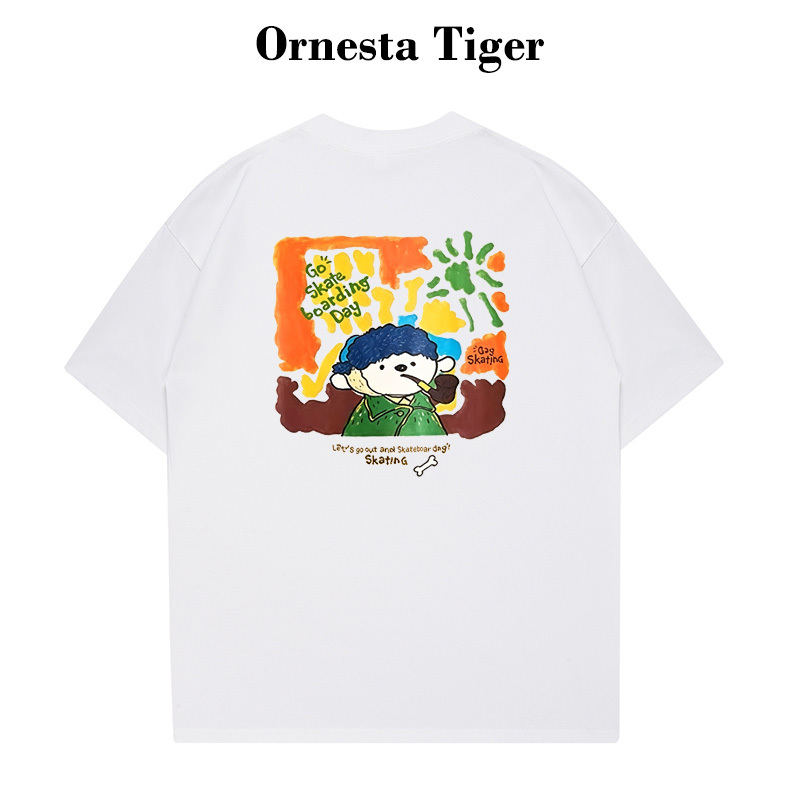 Ornesta Tiger Van Gogh Art Painting Short-Sleeved T-Shirt for Men, Summer Loose Round Neck White Versatile Trendy Top