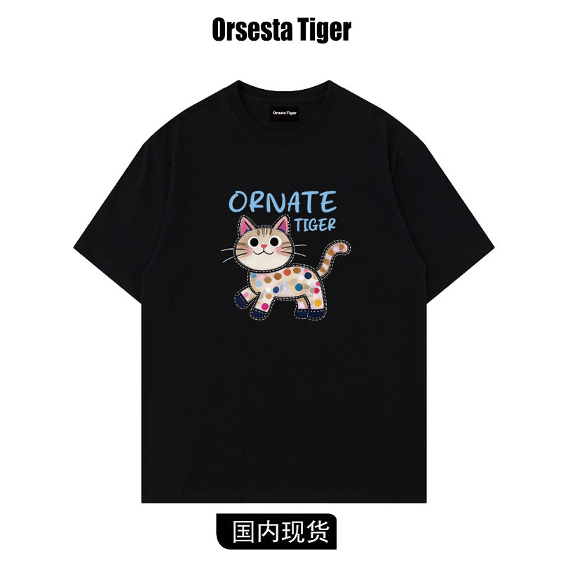 New Summer Arrivals: Orsesta Tiger Playful Polka Dot Cat Short-Sleeve T-Shirt, Versatile and Slimming Couple's Outfit, Ins Style