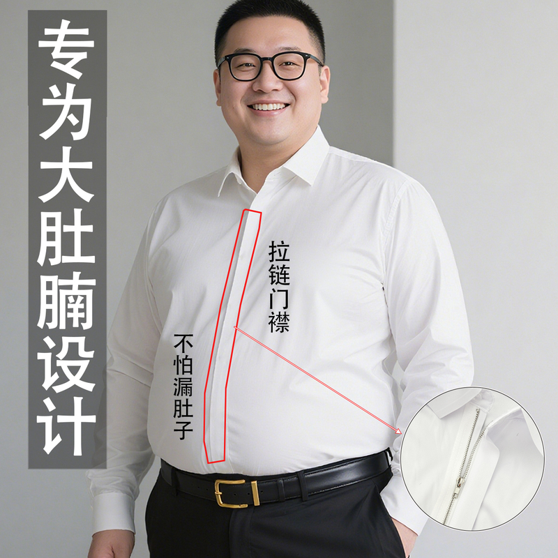 Plus-Size Men's Zip-Up Long-Sleeve Shirt for Spring and Summer, Suitable for Big Belly, Non-Buckle, Stretchy, Loose-Fitting Business Casual Shirt Plus-Size Men's Zip-Up Long-Sleeve Shirt for Spring and Summer, Suitable for Big Belly, Non-Buckle, Stretchy, Loose-Fitting Business Casual Shirt