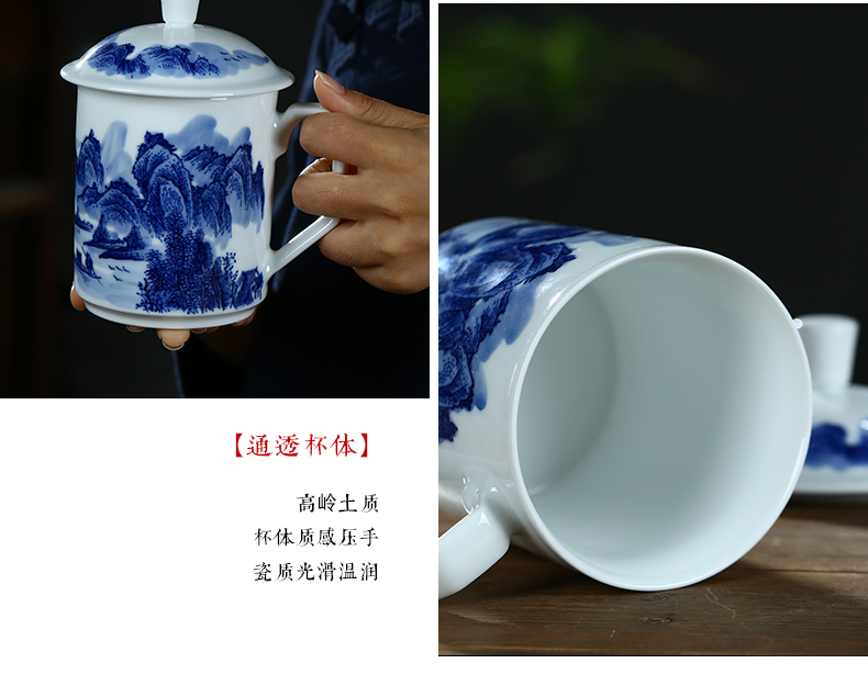 Jingdezhen ceramic cups with cover double anti hot tea cup hand - made of blue and white porcelain cup boss office glass cup