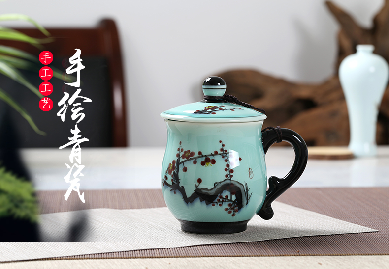 Celadon teacup with cover tea cup office glass cup of jingdezhen ceramic hand - made personal gift cup cup