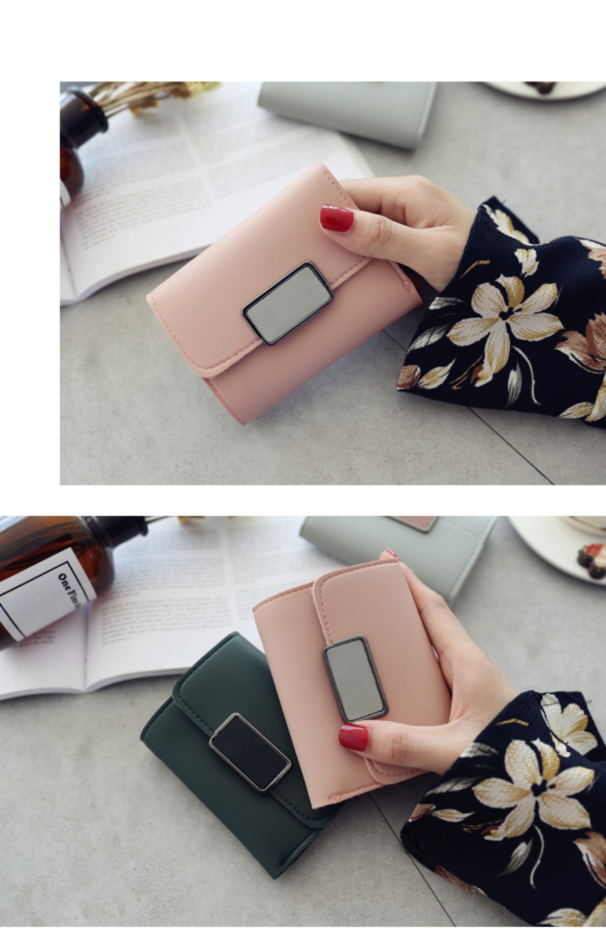 Phụ nữ khâu màu tương phản retro xu hướng gấp ba lần ví ngắn 2018 mới trang trí nhẫn vuông ví sinh viên ví juno