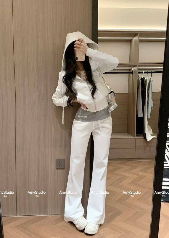 2026 Spring New Amy Amy Genuine Casual Sports Suit Women's Hooded Sweatshirt with Wide-Leg Pants Three-Piece Set