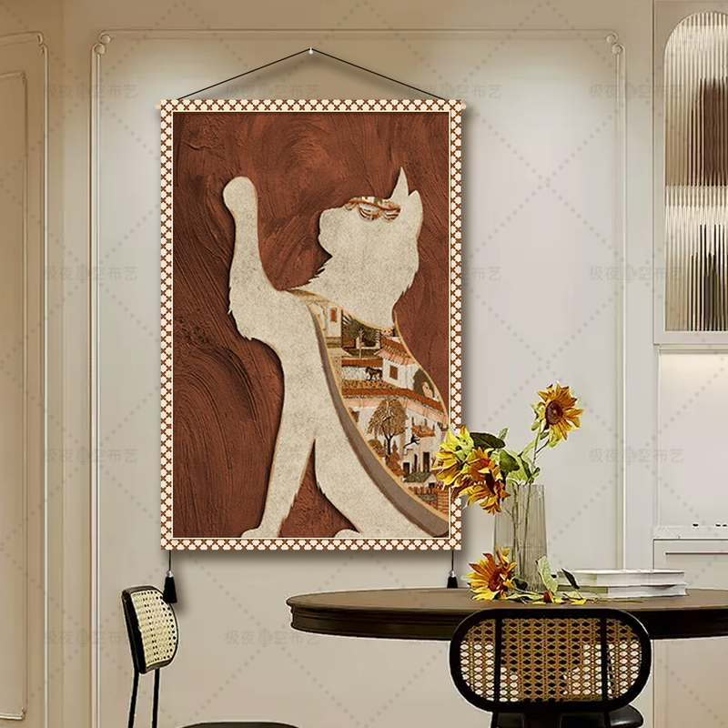 French-Style Vintage Decorative Hanging Cloth with Reindeer and Lucky Cat for Living Room Sofa Background Wall, Fabric Hanging Painting to Cover the Electricity Meter Box