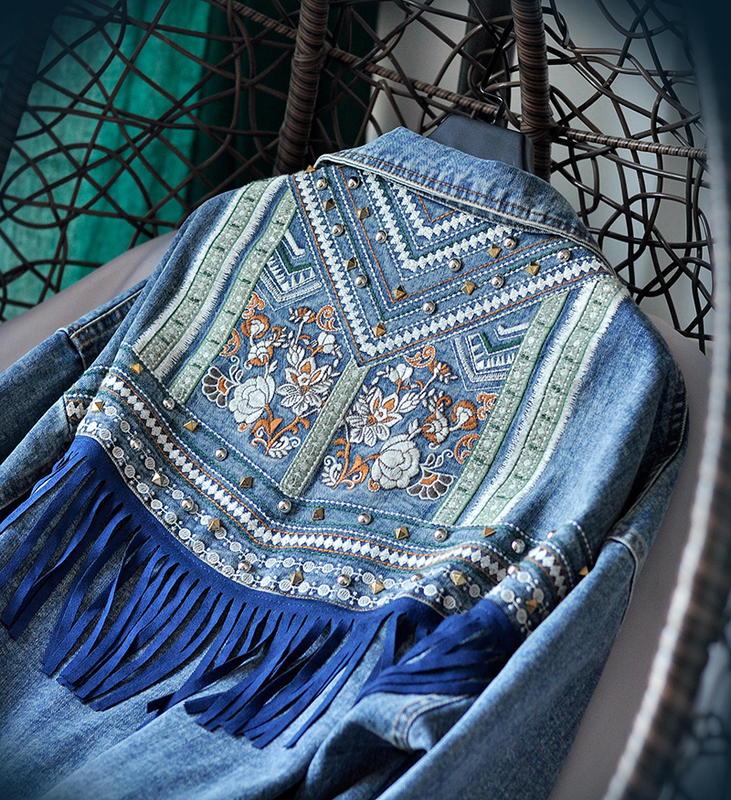 This Is Stunning! Keep It for Yourself! Cool and Stylish Ethnic Tassel Embroidered Denim Jacket with Heavy Craftsmanship and Bf Pockets